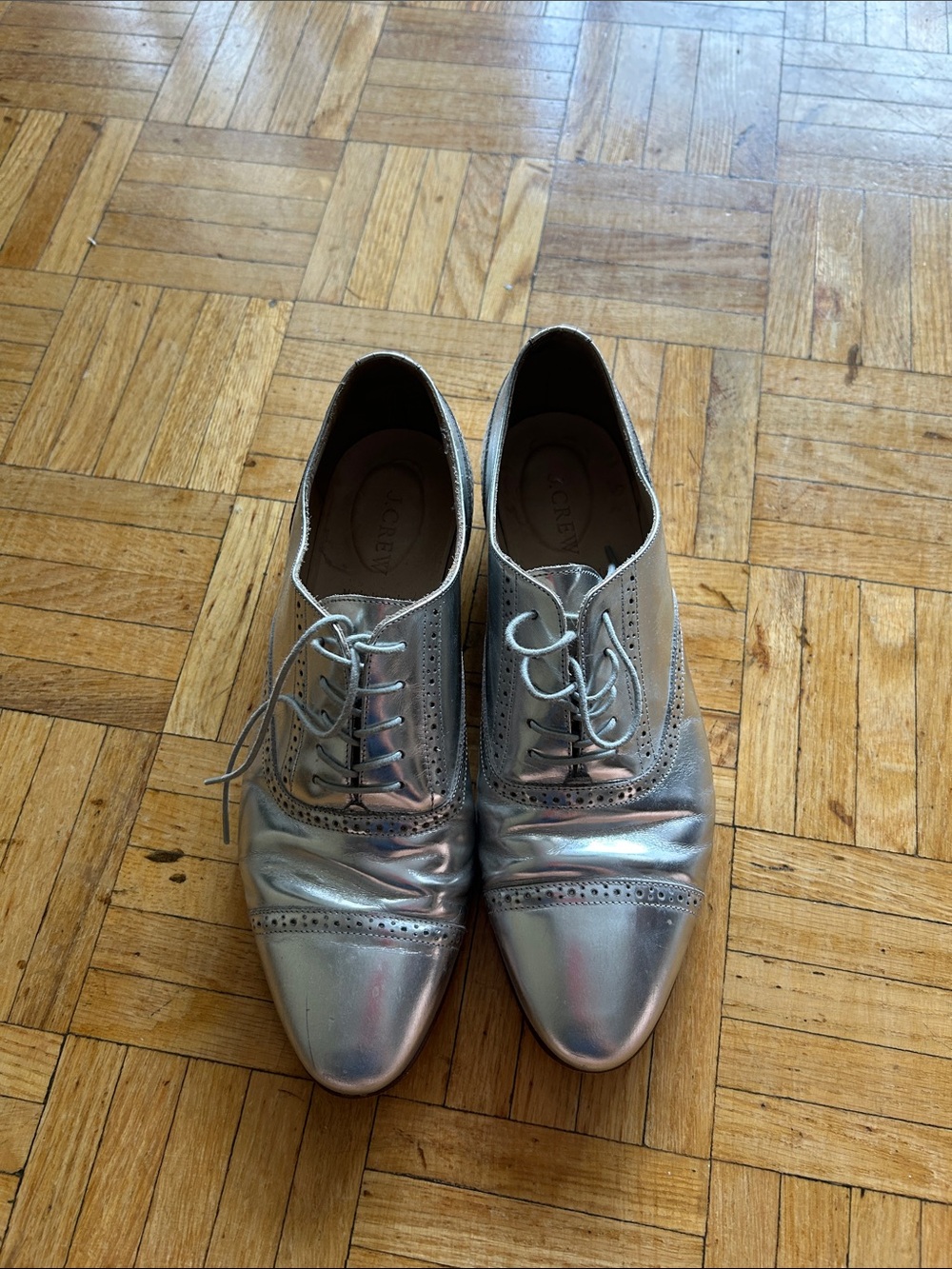 J. Crew Metallic Silver Leather Brogue Oxfords